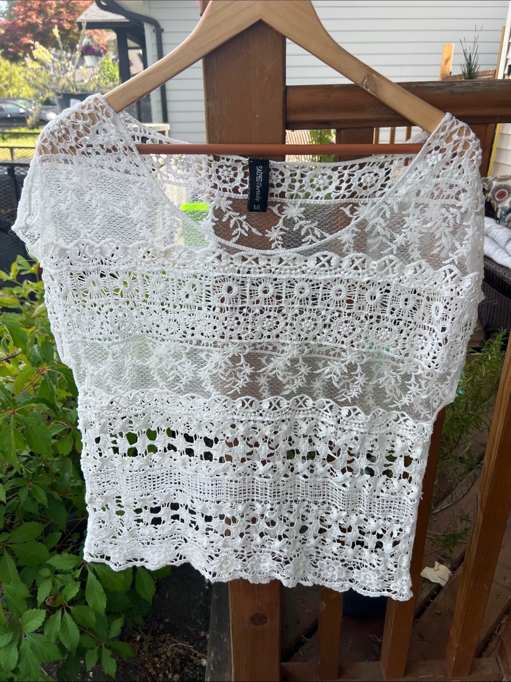 VTG Sacred Threads White Crochet Lace Top Boho Y2K Cap Sleeve Festival M/L
